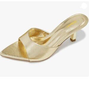 Milooey shoes Women's Kitten Heel Mules Open Pointed Toe Slide Sandals Gold